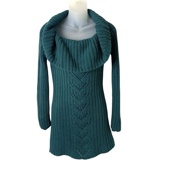 Bebe Cable-Knit Tunic Top Sweater Y2K Off-The-Shoulder Long Sleeves Teal Medium - Picture 13 of 13